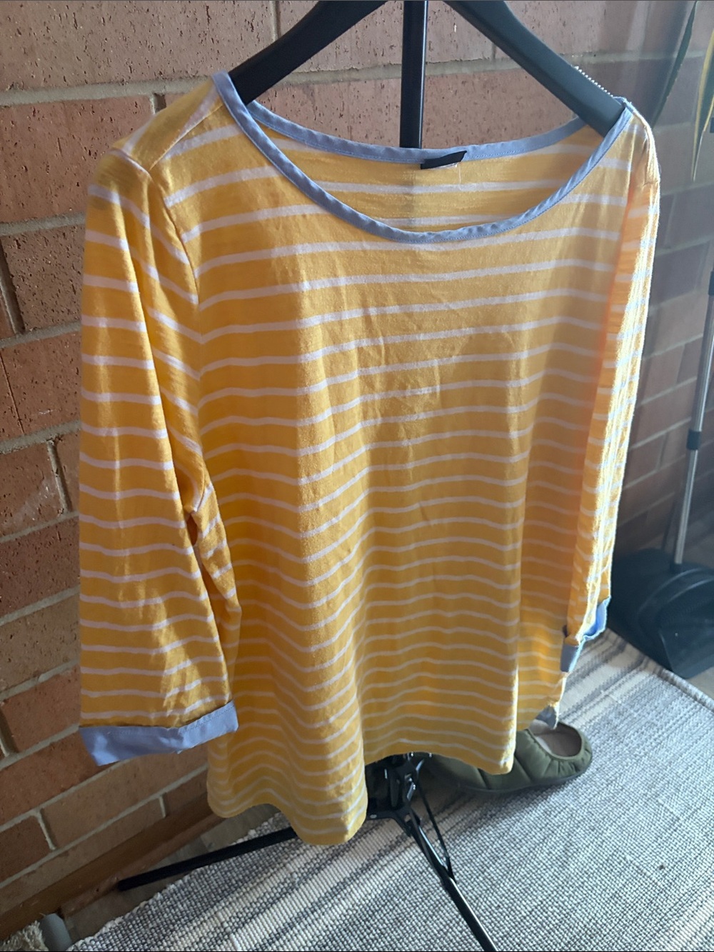 Basic Editions Yellow and White Striped Boatneck Top with Light Blue Trim